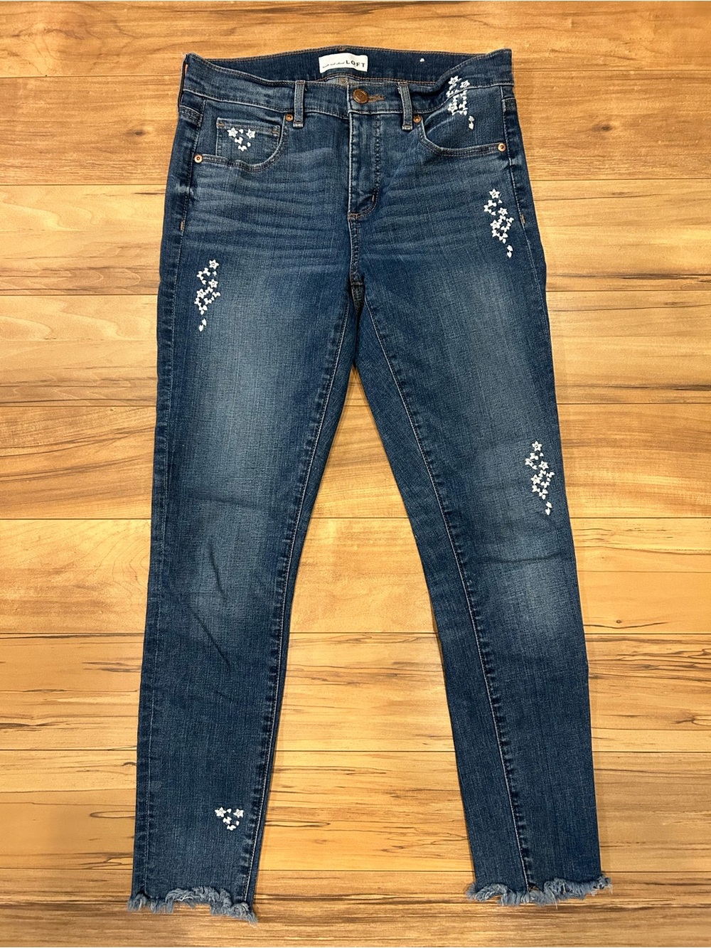 LOFT Dark Blue Skinny Jeans with White Embroidered Accents